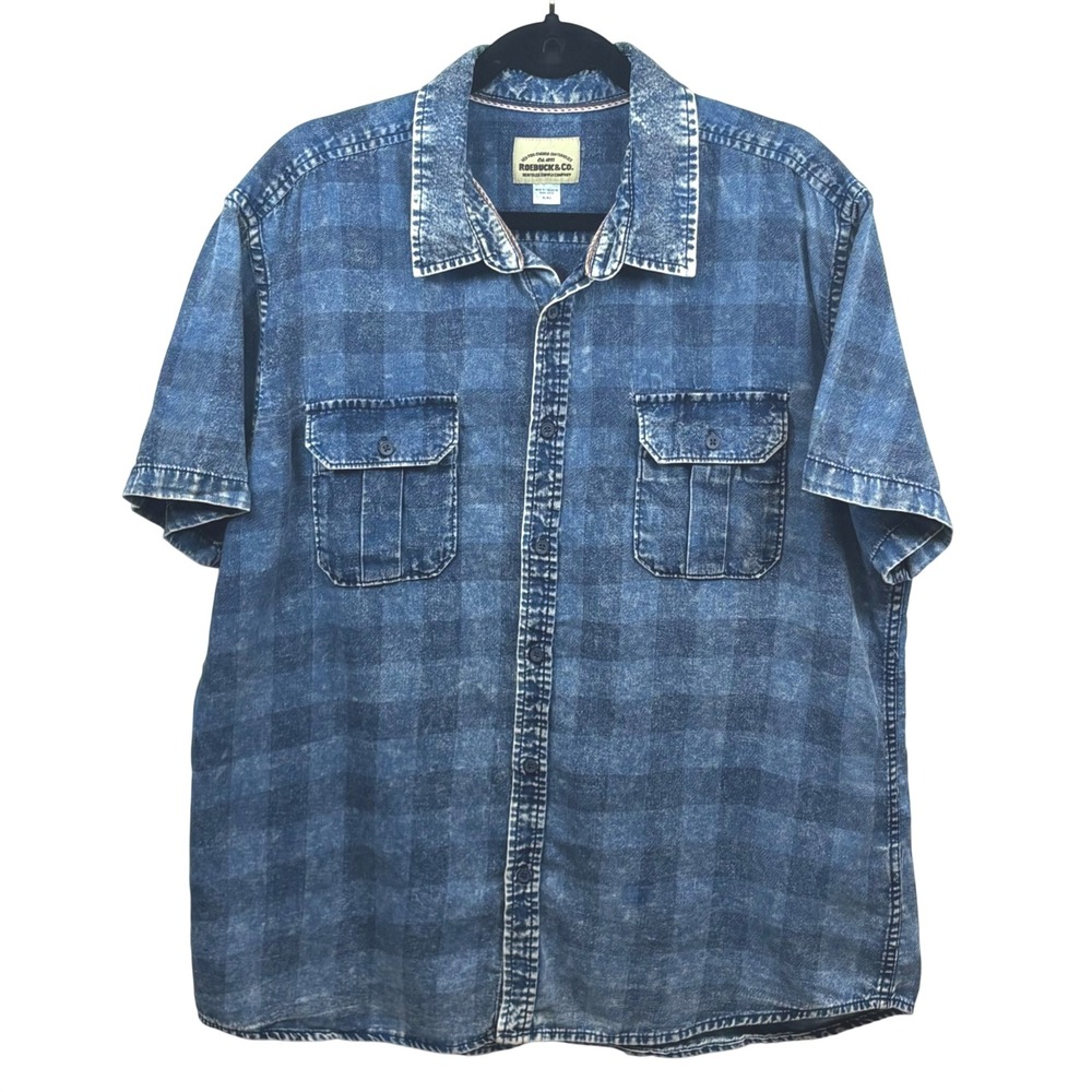 Vintage Sears Roebuck & Co Button Up Blue Acid Wash Plaid Heritage 90s Men Sz XL